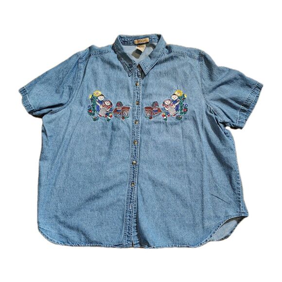 Just My Size Tops - Vintage Embroidered Bear Denim Shirt Short Sleeve Oversized 26/28 90s